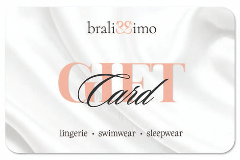Gift card from Bralissimo, a lingerie, swimwear, and sleepwear store, featuring a white background with the brand's name and the text 'GIFT Card' prominently displayed.