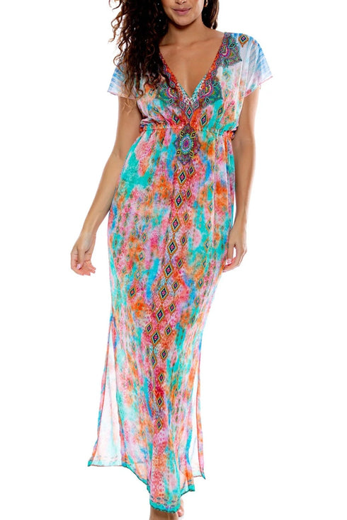 Luli Fama Boho Chic Cap Sleeve Long Caftan