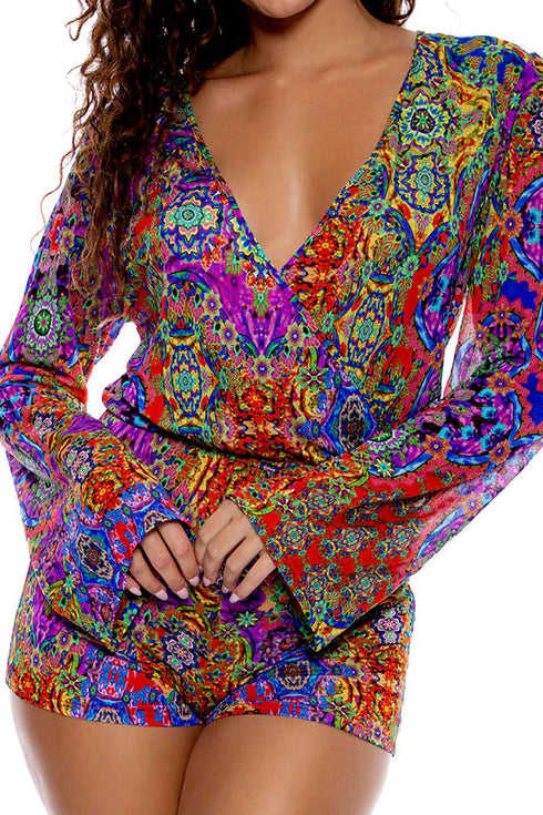 Luli Fama Gipsy Soul Wrap Front Long Sleeve Romper