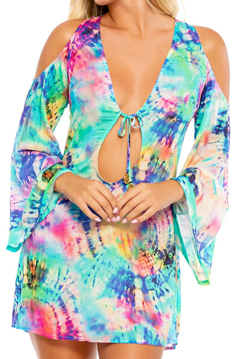 Luli Fama Celestial Dreams Peek-a-boo Shoulder Tie Front Short Dress