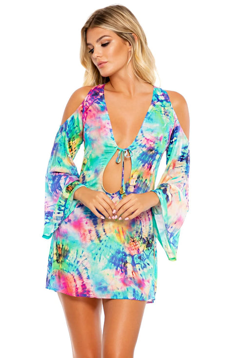 Luli Fama Celestial Dreams Peek-a-boo Shoulder Tie Front Short Dress