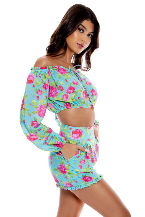 Luli Fama Ti Amo Ruffle Laced Up Open Shoulders Crop Top