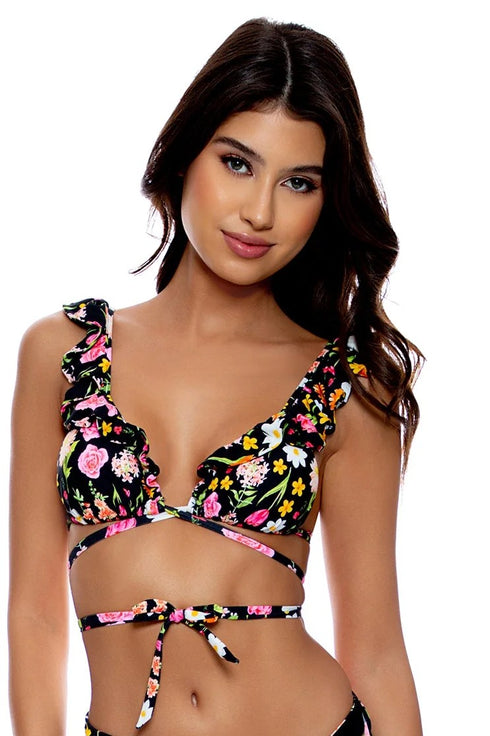 Luli Fama Luli'S Secret Garden Ruffle Deep V Wrap Triangle Top