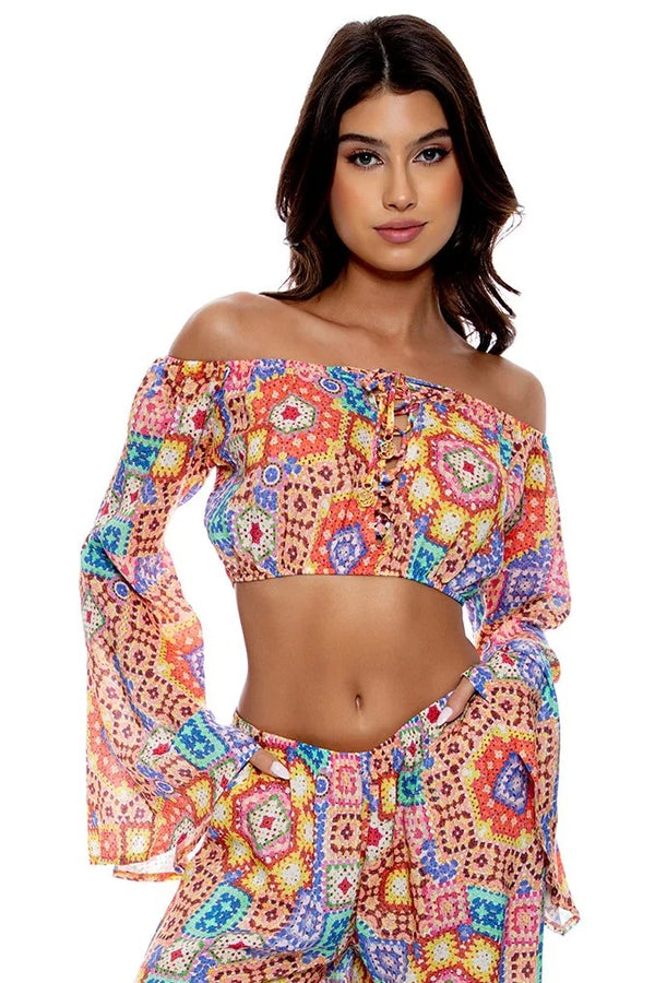 Luli Fama Retro Luli Laced Up Off The Shoulder Crop Top