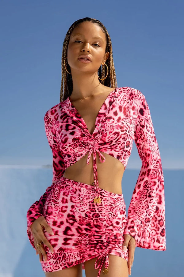 Luli Fama Wild Thing Bell Sleeve Scrunched Crop Top