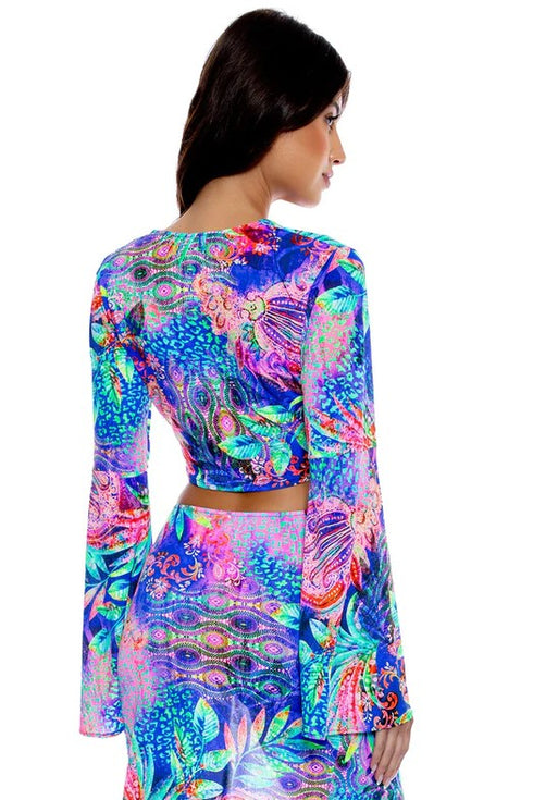 Luli Fama Jungle Fever Bell Sleeve Scrunched Crop Top