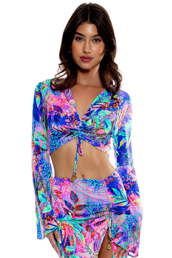 Luli Fama Jungle Fever Bell Sleeve Scrunched Crop Top