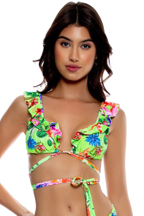 Luli Fama Luli Tropics Ruffle Deep V Wrap Triangle Top