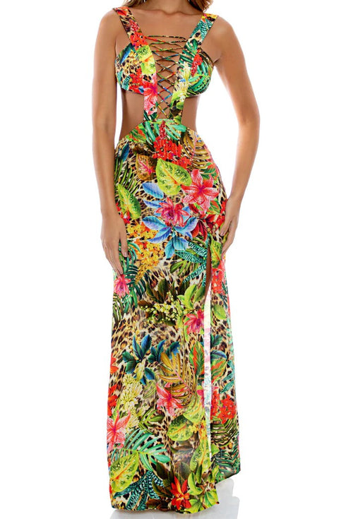 Luli Fama Lush Horizons Laced Up Plunging V-neck Maxi Dress
