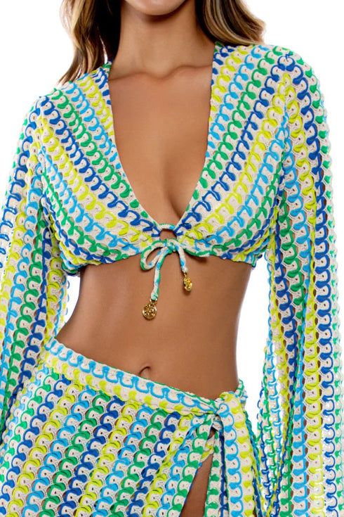 Luli Fama Island Blues Bell Sleeve Crop Top