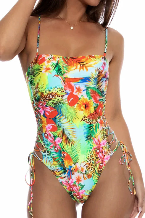 Luli Fama Birds Of Paradise Square Neck Laced Up One Piece