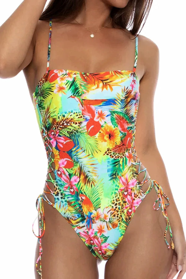 Luli Fama Birds Of Paradise Square Neck Laced Up One Piece