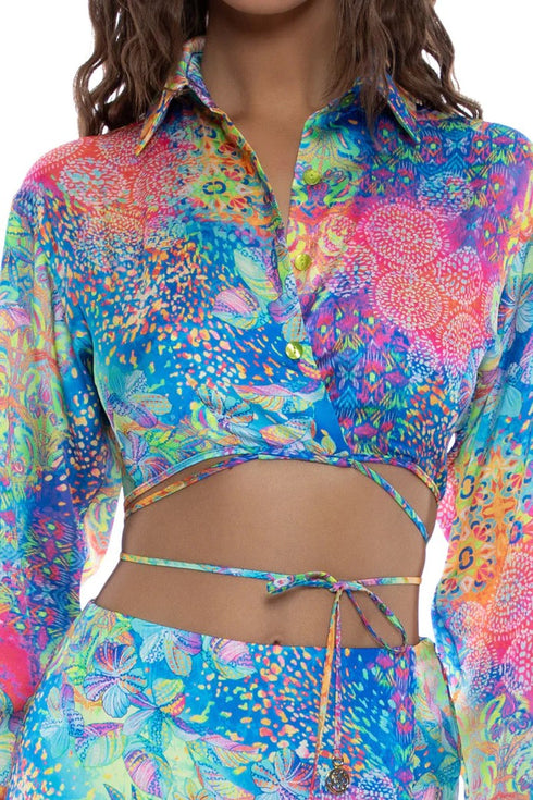 Luli Fama Deco Gardens Collared Wrap Crop Top
