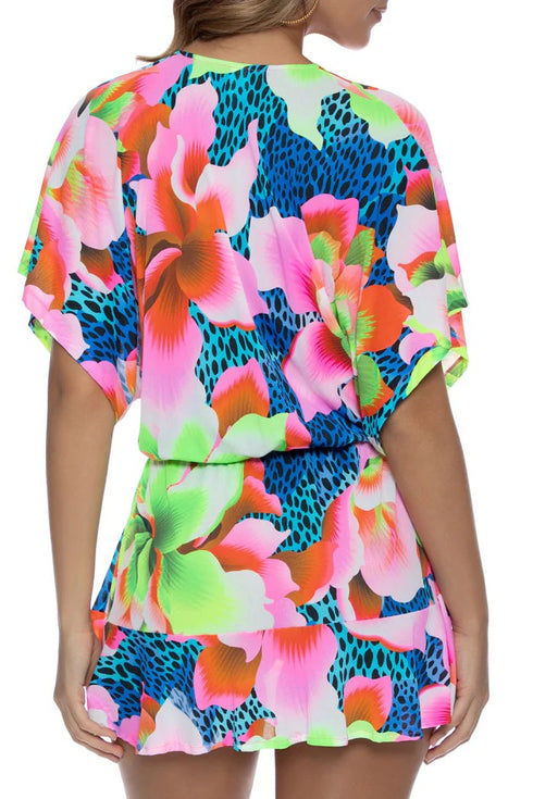 Luli Fama Tropical Illusions Playera V Neck Ruffle Dress