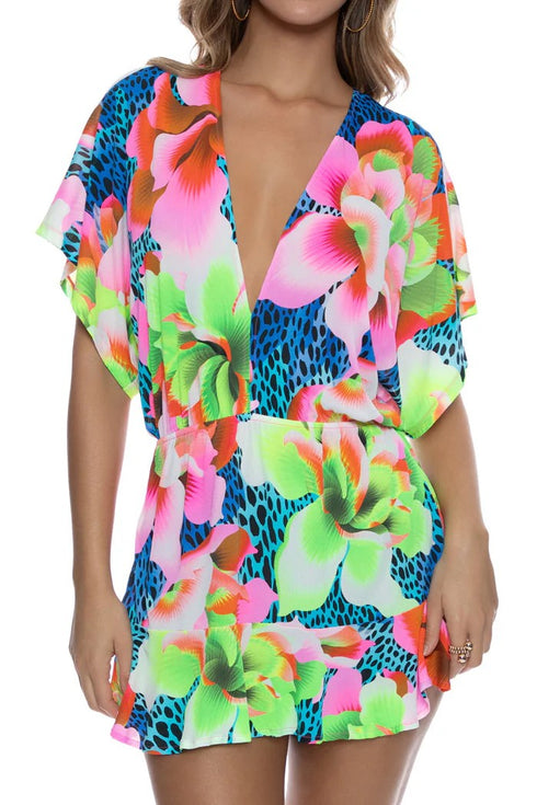 Luli Fama Tropical Illusions Playera V Neck Ruffle Dress