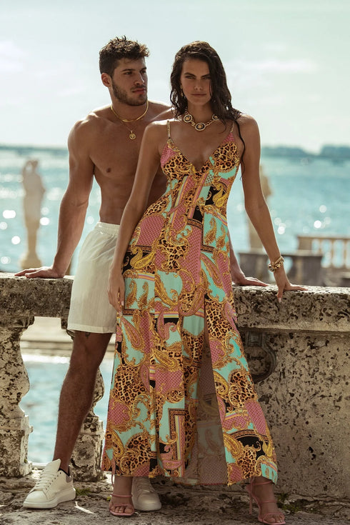 Luli Fama Miami Daydream Chain Bralette Side Slit Maxi Dress