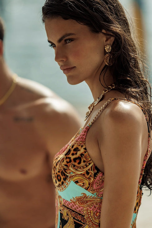 Luli Fama Miami Daydream Chain Bralette Side Slit Maxi Dress