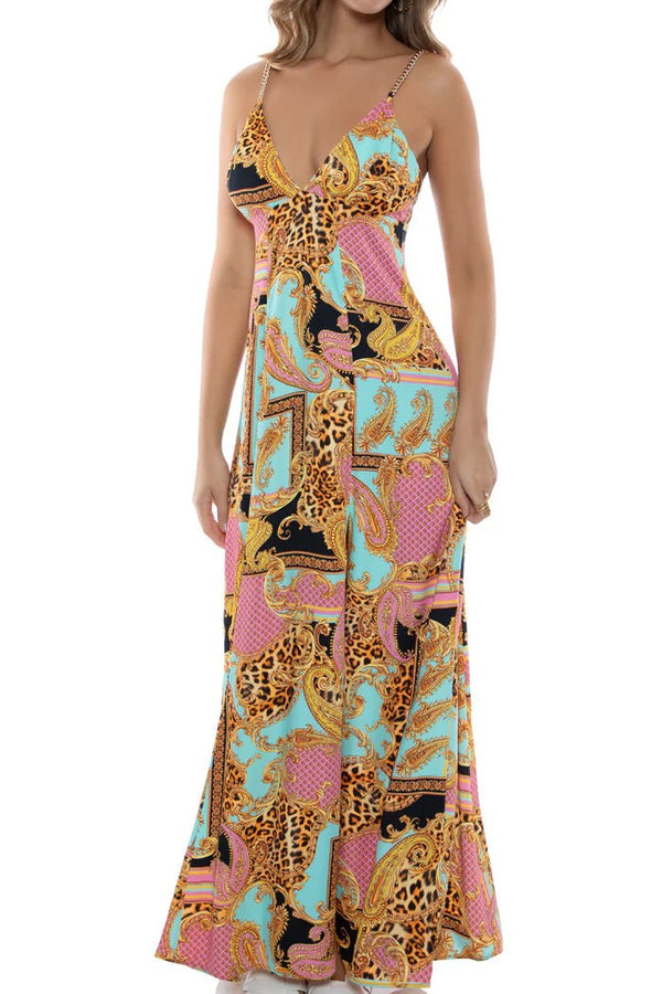 Luli Fama Miami Daydream Chain Bralette Side Slit Maxi Dress