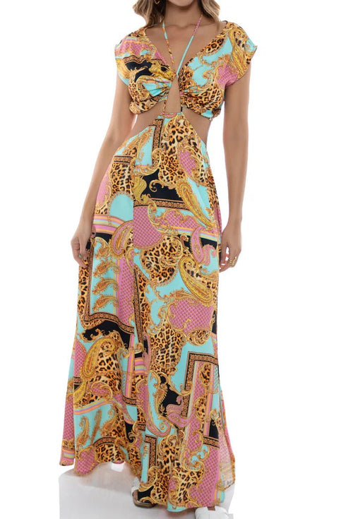 Luli Fama Miami Daydream Halter Drawstring Cut Out Maxi Dress