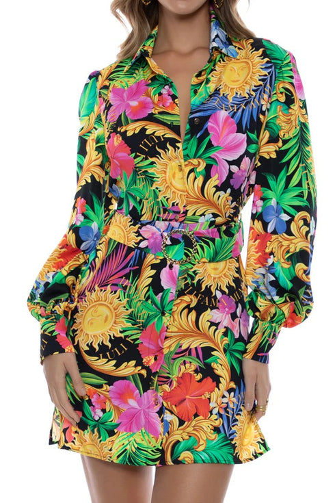 Luli Fama Love By The Sun Belted Long Sleeve Shirt Dress
