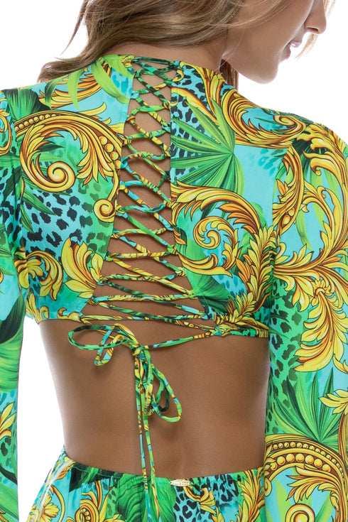 Luli Fama Palm Island Deep V Ring Cut Out Short Dress