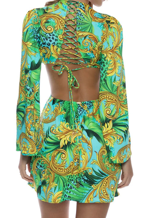 Luli Fama Palm Island Deep V Ring Cut Out Short Dress