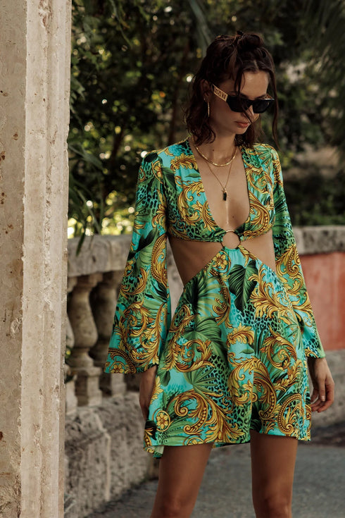 Luli Fama Palm Island Deep V Ring Cut Out Short Dress