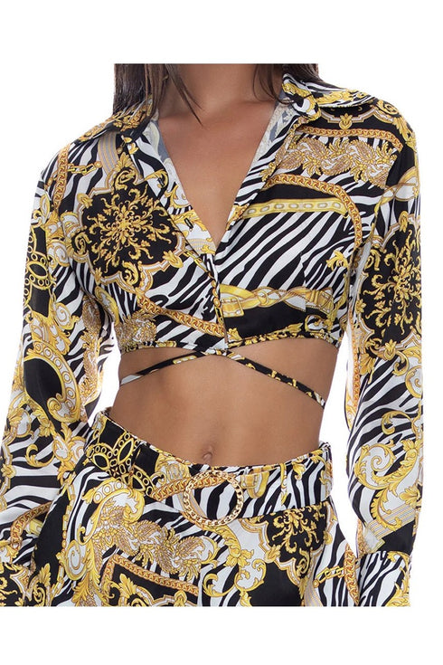 Luli Fama Goddess Vibes Collared Wrap Crop Top