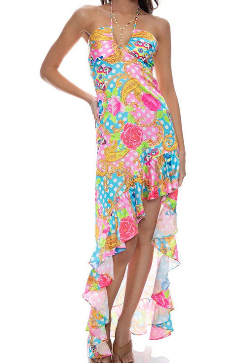 Luli Fama She's Cute Drawstring Halter Asymmetrical Ruffle Dress