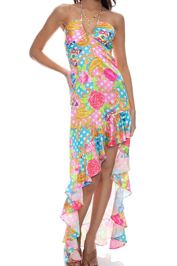 Luli Fama She's Cute Drawstring Halter Asymmetrical Ruffle Dress