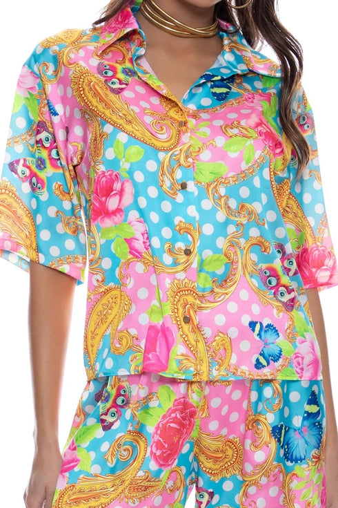 Luli Fama She's Cute Collared 3/4 Sleeve Button Up Shirt