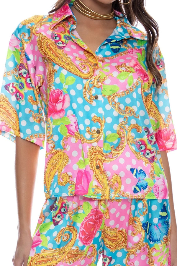 Luli Fama She's Cute Collared 3/4 Sleeve Button Up Shirt