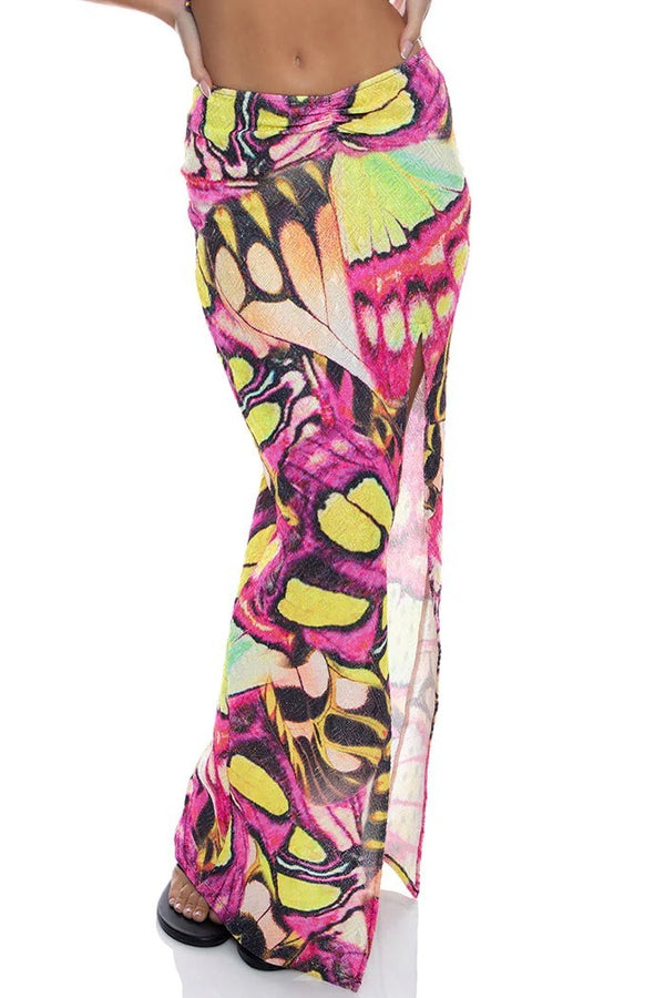 Luli Fama Flutter Ruched Front High Slit Maxi Skirt