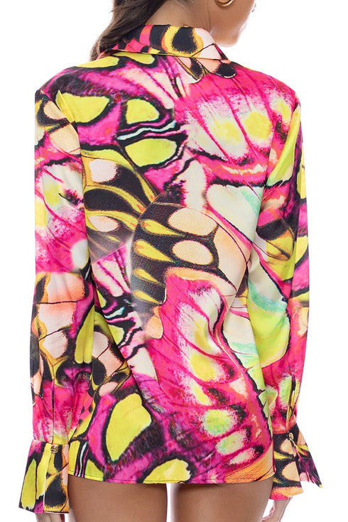 Luli Fama Flutter Button Down Deep Cuff Blouse