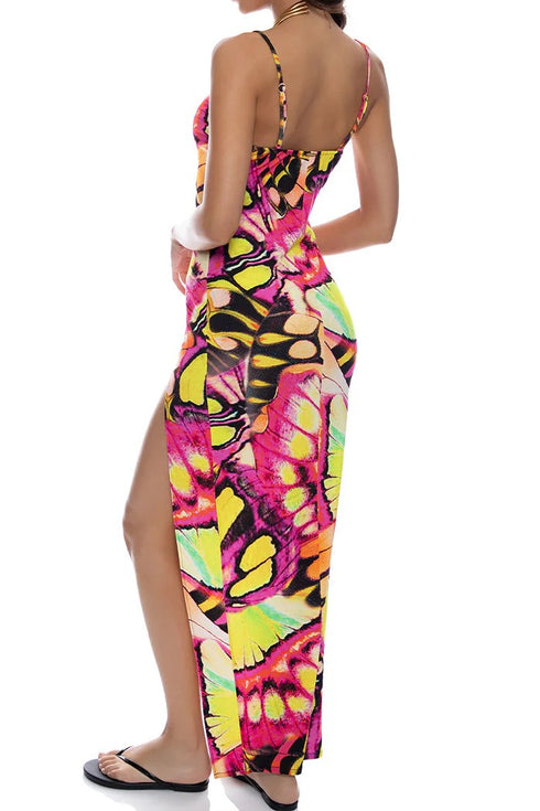 Luli Fama Flutter Fitted Side Slit Maxi Dress