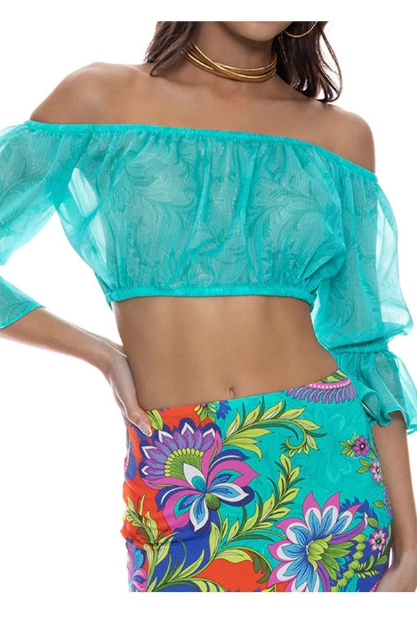 Luli Fama In The Groove Off The Shoulder 3/4 Ruffless Sleeve Crop Top