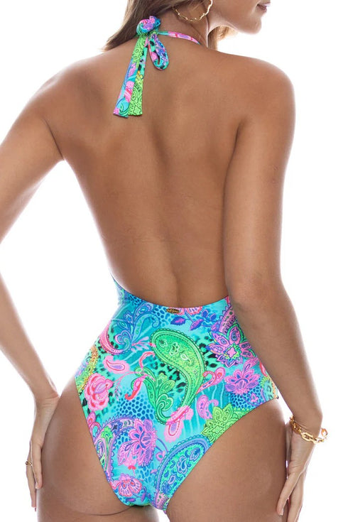 Luli Fama Seaglass Fantasy Front Twist Halter One Piece Fuller Coverage