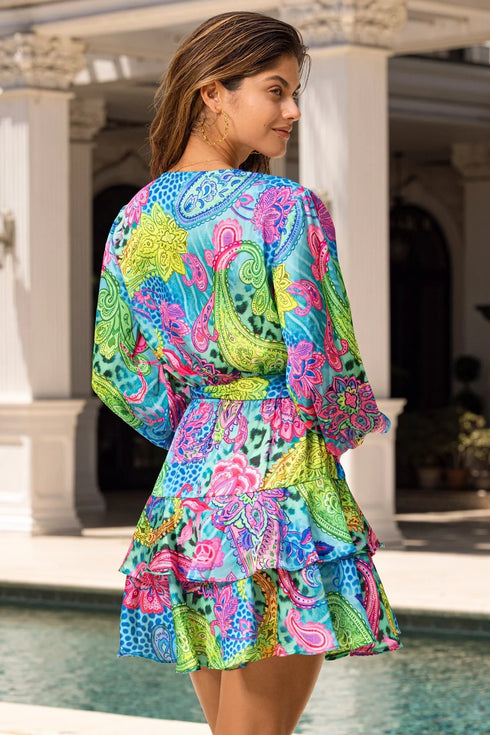 Luli Fama Seaglass Fantasy Long Sleeve Tiereel Ruffle Mini Dress