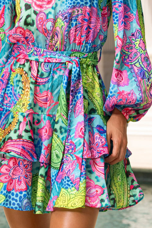 Luli Fama Seaglass Fantasy Long Sleeve Tiereel Ruffle Mini Dress