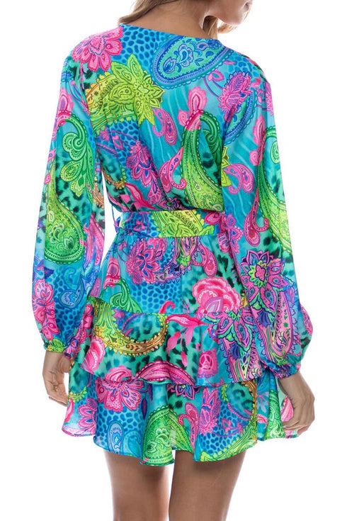 Luli Fama Seaglass Fantasy Long Sleeve Tiereel Ruffle Mini Dress