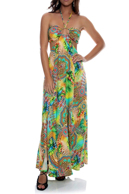 Luli Fama Sun Stones Bandeau Cut Out Front Slit Dress