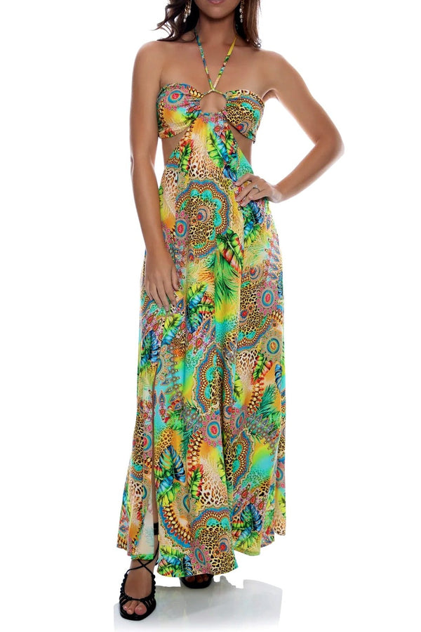 Luli Fama Sun Stones Bandeau Cut Out Front Slit Dress