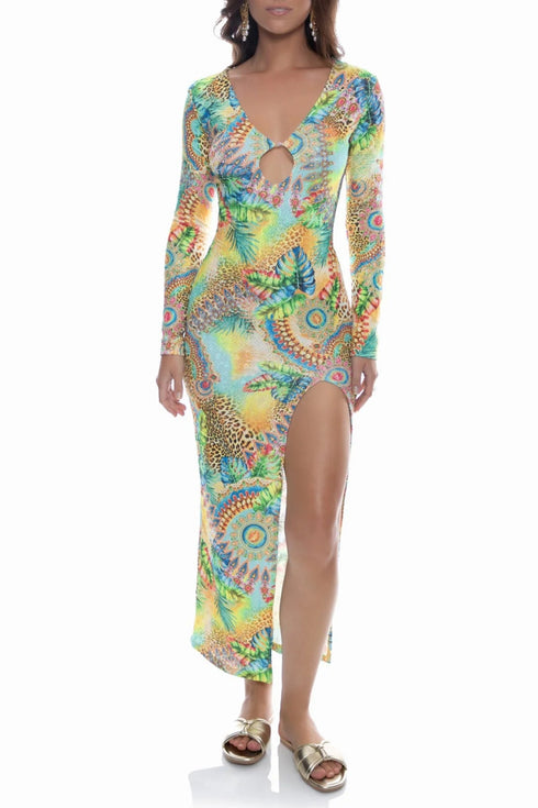 Luli Fama Sun Stones Long Sleeve Keyhole Cut Out Maxi Dress