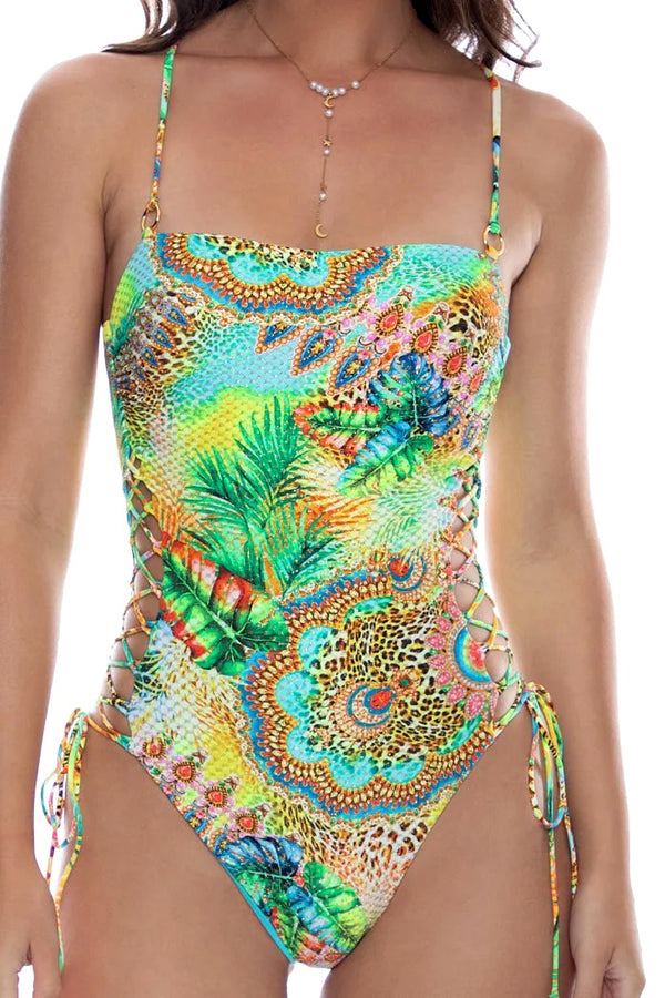 Luli Fama Sun Stones Rings Square Neck Laced Up One Piece