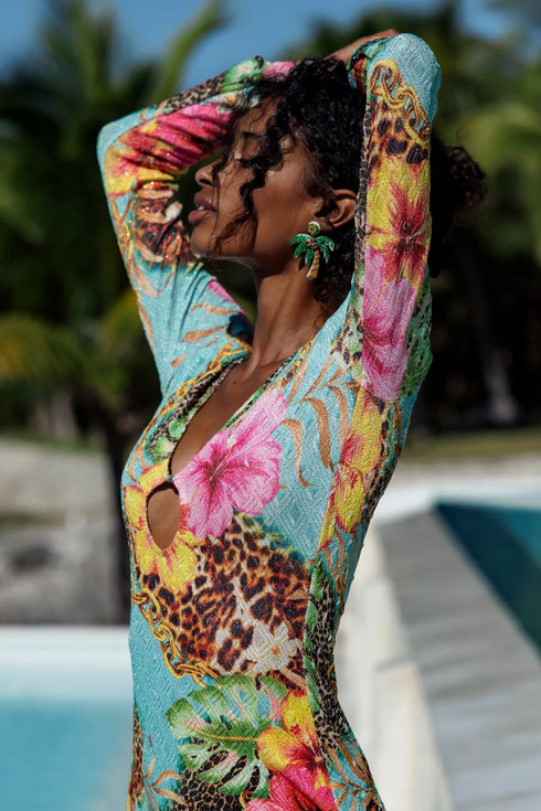 Luli Fama Visions of Paradise Long Sleeve Keyhole Cut Out Maxi Dress