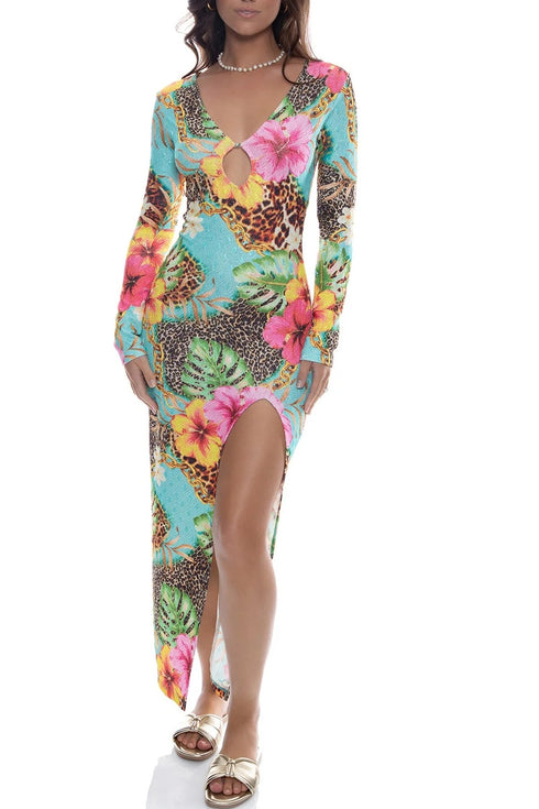 Luli Fama Visions of Paradise Long Sleeve Keyhole Cut Out Maxi Dress