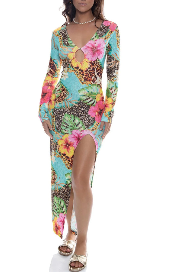 Luli Fama Visions of Paradise Long Sleeve Keyhole Cut Out Maxi Dress