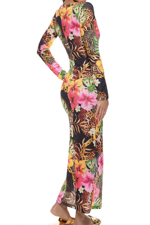 Luli Fama Visions Of Paradise Long Sleeve Keyhole Cut Out Maxi Dress