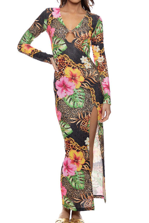 Luli Fama Visions Of Paradise Long Sleeve Keyhole Cut Out Maxi Dress