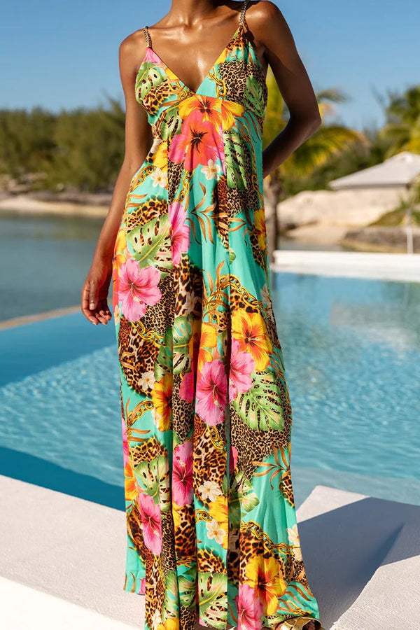 Luli Fama Visions of Paradise Chain Bralette Side Slit Maxi Dress